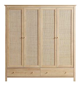Armario Tradicional de Madera con Puertas de Ratán, Diseño de 4 Puertas Abatibles, Tiradores de Latón, 2 Cajones, Armario de Almacenamiento para Dormitorio - Product Image 4
