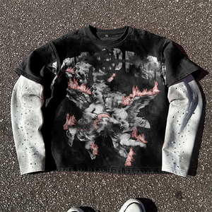 Camiseta gótica de manga larga con estampado de calavera para hombre, camiseta de dos piezas falsas con cuello redondo y estampado azul, color negro - Product Image 3