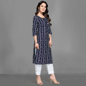 Attractive Heavy-Duty Rayon Bandhani Print Work Femme Kurta Bleu Marine - Product Image 1