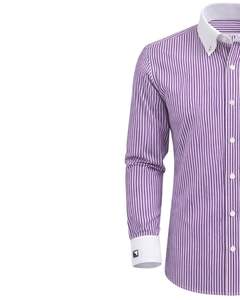 Camisa de Vestir para Hombre, Corte Slim, Rayas Blancas y Moradas, Manga Larga, Cuello y Puños en Contraste, Formal, para Oficina, Mezcla de Algodón, OEM - Product Image 3
