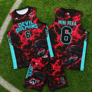 Conjunto de Uniforme de Fútbol Americano Personalizado Devil Dolphins, Estampado de Rayos Rojos, Camiseta sin Mangas y Pantalones Cortos - Product Image 1