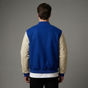 Men's Royal Blue Wool <b>Jacket</b> Cream Sleeves Custom Logo Rib Knit Collar Cuffs Zip Front Premium Streetwear Bomber Outerwear Style - Product Image 2