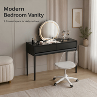 Coiffeuse moderne en verre éclairé avec miroir rond et chaise blanche pour chambre et salle de bain, personnalisable