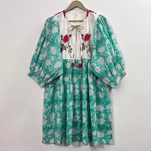 Mini-tunique formelle en coton 100% naturel, imprimée à la main, faite à la main, écologique, col en V, manches 3/4, ourlet à volants en dentelle, lavable - Product Image 1