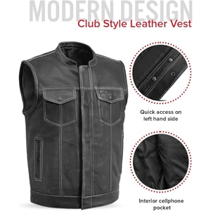Custom <b>Men's</b> <b>Black</b> Perforated Genuine Cowhide Leather Motorcycle Vest Stand Collar Biker Club Leather <b>Waistcoat</b> - Product Image 5
