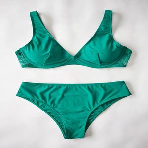 <b>Womens</b> <b>High</b>-<b>Waist</b> Microfiber <b>Bikini</b> Swimsuit V-Neckline Underwire Soft Stretch Lace Panels Quick-Dry Anti-UV Eco-Friendly Front - Product Image 1