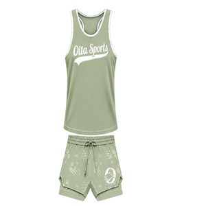 Conjunto de Baño Verde Salvia y Blanco, Top Deportivo sin Mangas con Espalda Cruzada y Pantalones Cortos a Juego, Traje de Baño Ligero de Secado Rápido para Entrenamiento y Alto Rendimiento - Product Image 1