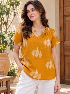 Blusa de lino color mostaza para mujer con estampado de hojas, cuello en V, manga corta, corte holgado, informal, para primavera y verano - Product Image 1