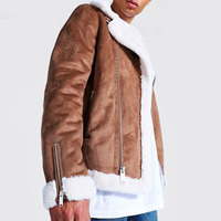 Blouson Bomber en daim marron pour homme avec doublure en fausse fourrure, fermeture éclair, style moto, coupe régulière, épais, coupe-vent, en cuir