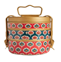 Boîte à lunch en laiton vert pêche, 2 étages, peinte à la main avec motifs floraux, boîte à nourriture conique traditionnelle à motifs floraux, aux prix de gros