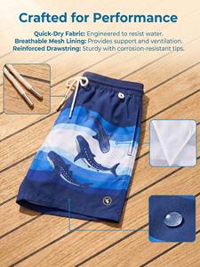 Short de plage pour hommes avec imprimé requin baleine bleue, taille à cordon de serrage et poches latérales, maillot de bain à séchage rapide - Product Image 4