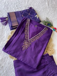 Dark <b>Purple</b> Color Premium Roman Silk <b>Fabric</b> Wholesale Rate Daily& Office Party Special Three Piece Designer Dress Collection - Product Image 5