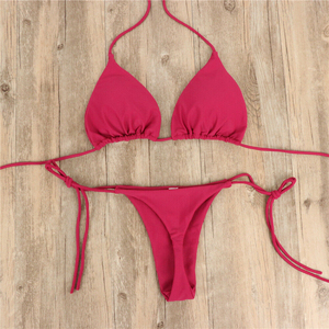 Ensemble bikini sexy pour femme, haut triangle dos nu et bas string plissé à nouer sur le côté, deux pièces, couleur unie, extensible, séchage rapide, maillot de bain pour vacances à la plage - Product Image 3