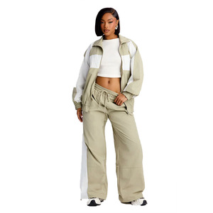 Trendy Custom Women’s Neutral Tone Windbreaker Tracksuit <b>Lightweight</b> Nylon Sports OEM Streetwear <b>Jacket</b> & Wide Leg Pants Hoodies - Product Image 4