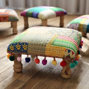 Solid Wooden Round Ottoman Stool for Living Room Modern Style Handmade Durable Upholstered Foot Rest <b>Bench</b> Luxury Home Furniture - Product Image 3