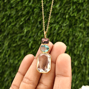 Hip hop necklace amethyst swiss blue crystal quartz triple gemstone pendant necklace 18k gold plated bezel set jewelry necklaces - Product Image 1