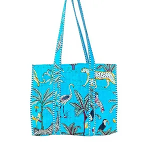 Bolso Tote Acolchado de Algodón con Estampado Tropical Turquesa, Estilo Bohemio, Bolso de Compras de Verano, Diseño Abierto - Product Image 1