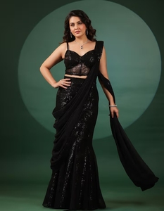Sari en viscose pré-drapé KV Eclipse avec chemisier - Tenue de soirée, sans plis, réversible - Product Image 1