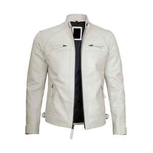 Blouson moto en cuir PU blanc pour homme, col montant, fermeture éclair, coupe ajustée, manches classiques, couleur unie, idéal pour l'automne - Product Image 3