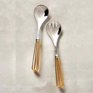 Premium Look Stainless Steel Salad <b>Server</b> With Brass Embossed Single Leaf Design Rouge Long Handle Salad <b>Server</b> Set - Product Image 5