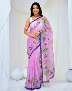 Sari traditionnel d'automne en coton mélangé Kota Doria, imprimé floral à la main, réversible et infroissable, pour femme, avec chemisier non cousu - Product Image 1