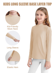 T-shirt à col roulé en coton tricoté beige à manches longues pour filles, avec logo personnalisé, sous-vêtement pour enfants, couche de base - Product Image 2