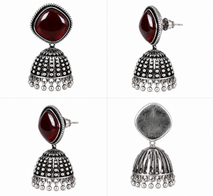 Ruby Red Oxidized <b>Silver</b> Brass Zinc Alloy Imitation Pearl Trendy Drop <b>Earrings</b> Women | Traditional Indian Party Jewelry - Product Image 5