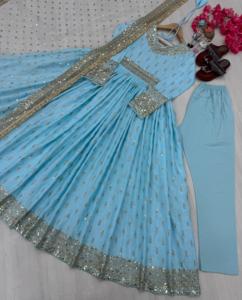 Light Blue Salwar Kameez With <b>Sequin</b> Embroidery Floor Length Traditional Indian Wedding Wear Women's Loose Fit Polyester Dress - Product Image 3