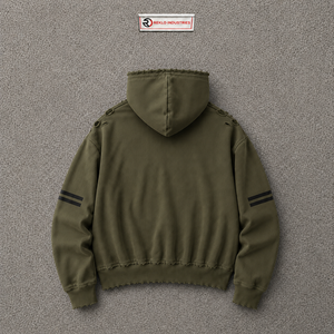 เสื้อฮู้ดดี้โอเวอร์ไซส์ผู้ชายขายส่ง แบรนด์ Olive มีกระเป๋าหน้าและแถบลายที่แขนเสื้อ สวมใส่สบายๆ ในฤดูใบไม้ร่วง แบบสวมหัว ดีไซน์ขาดๆ แบบวินเทจ - Product Image 6