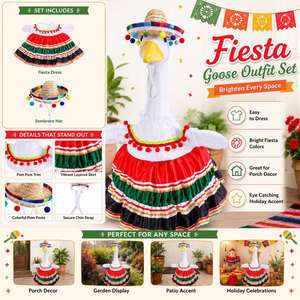 Décoration de jardin et de véranda : Statue de canard de Noël avec tenue de Fiesta mexicaine, sombrero en paille et jupe rouge et verte - Product Image 6