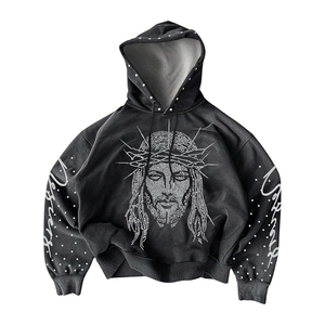 Sudadera con capucha de hombre con lavado ácido y pedrería, estilo vintage desgastado, de felpa francesa 100% algodón de alto gramaje, con cremallera completa, estilo urbano. - Product Image 1