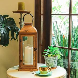 Natural Wood Decorative <b>Lantern</b> <b>Set</b> Rustic Farmhouse Candle Holder <b>Lantern</b> with Glass Panels - Product Image 3
