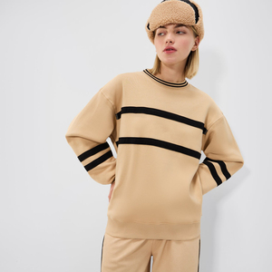 Sudadera Oversize de Cuello Redondo para Mujer, Beige y Negro a Rayas, Tejida, Manga Larga, Ropa Casual de Otoño - Product Image 6