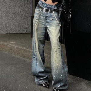 Jean imprimé effet éclaboussures d'encre pour femme avec chaîne décorative, coupe longue traînant sur le sol - Product Image 1
