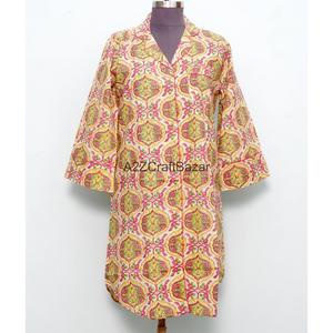 Handmade Non Woven 100% Cotton Block Printed Floral <b>Bell</b> Sleeve Midi Dress Button Closure Breathable Eco-Friendly for Evening - Product Image 1