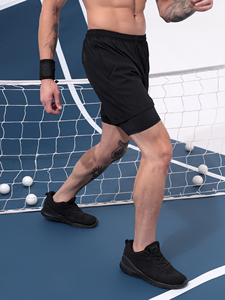 Kvetoo Black Woven Solid 2-<b>Layer</b> 140g Polyester Breathable Quick Dry <b>Mid</b> Waist String Elastic Running Shorts Men-Fitness Sports - Product Image 4
