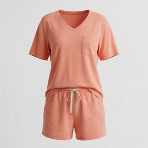 2 Piece High Quality Formal Solid Above Knee Home Wear Suit Short Sleeve T Shirt and Shorts <b>Twin</b> <b>Set</b> for Women - Product Image 1