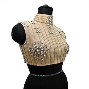 Elegant High Neck Beaded Crop <b>Top</b> Sleeveless Rhinestone Embellished Sheath Gown Evening Dress - Product Image 5