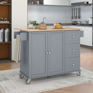 Isola Cucina Mobile con Piano in Legno Massello, Larghezza 52,7 Pollici, Armadietto Contenitore, Ruote Bloccabili, Bar Colazione, Carrello Cucina con Piano Ribaltabile - Product Image 3