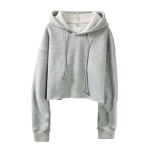 Sudadera Corta con Capucha Rosa para Mujer, Hombros Caídos, Manga Larga, Informal, para Otoño, 100% Algodón Tejido, Color Sólido - Product Image 5