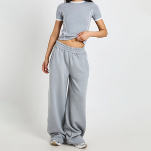Factory Made Loose Fit Women's Gray Two-Piece Sporty <b>Set</b> Short Sleeve Crop Top With Wide Leg Pants Summer Breathable <b>Knitted</b> <b>Set</b> - Product Image 1