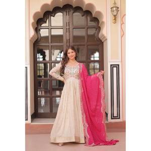 Salwar Kameez de Algodón con Estampado Bandhani, Vestido de Fiesta Bordado con Trabajo de Relieve - Product Image 1