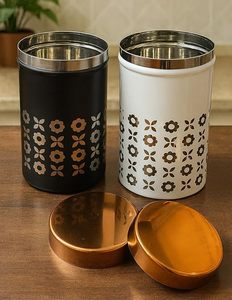 Minimalist Metal Spice <b>Containers</b> Round Airtight Design Engraved Floral Pattern Black and White with Copper Lids - Product Image 6