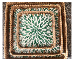 Paniers de rangement carrés en rotin naturel avec motif de feuilles vertes, empilables, rustiques, multi-usages, pour l'organisation de la maison - Product Image 1