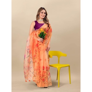 ผ้าโปร่งบางพิมพ์ลายดิจิตัล Saree กับเสื้อ unstitched สีส้ม - Product Image 1