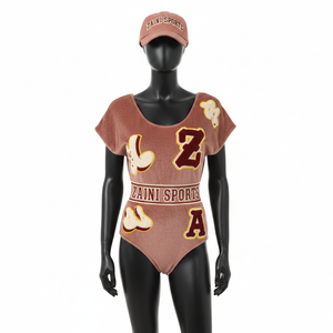 Traje de Baño de Una Pieza Premium para Mujer, Mezcla de Algodón Suave y Elástico, Color Marrón, Panel Deportivo con Aplique de Logotipo Personalizado - Product Image 6