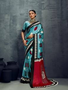 Sari de Rayón con Estampado Ajrakh para Mujer |   Sari Étnico Tradicional Indio |   Ropa para Bodas y Festivales, Sin Arrugas, Absorbe la Humedad - Product Image 2