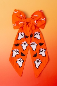 Pince à cheveux en tissu orange Halloween avec broderie fantôme, accessoire de fête mignon et effrayant pour filles et femmes, fait main, en carton - Product Image 2