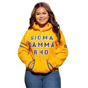 Sweat-shirt à capuche unisexe Sigma Gamma Rho Gold, détails bleus, style streetwear décontracté, confort premium - Product Image 2