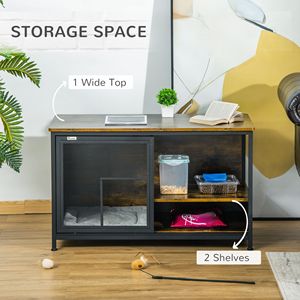 Cuccia Rustica per Cuccioli da Interno in Stile Mobile, Gabbia in Legno per Gatti con Cuscino e Porte Scorrevoli, Tavolino, Casetta per Animali Domestici - Product Image 4